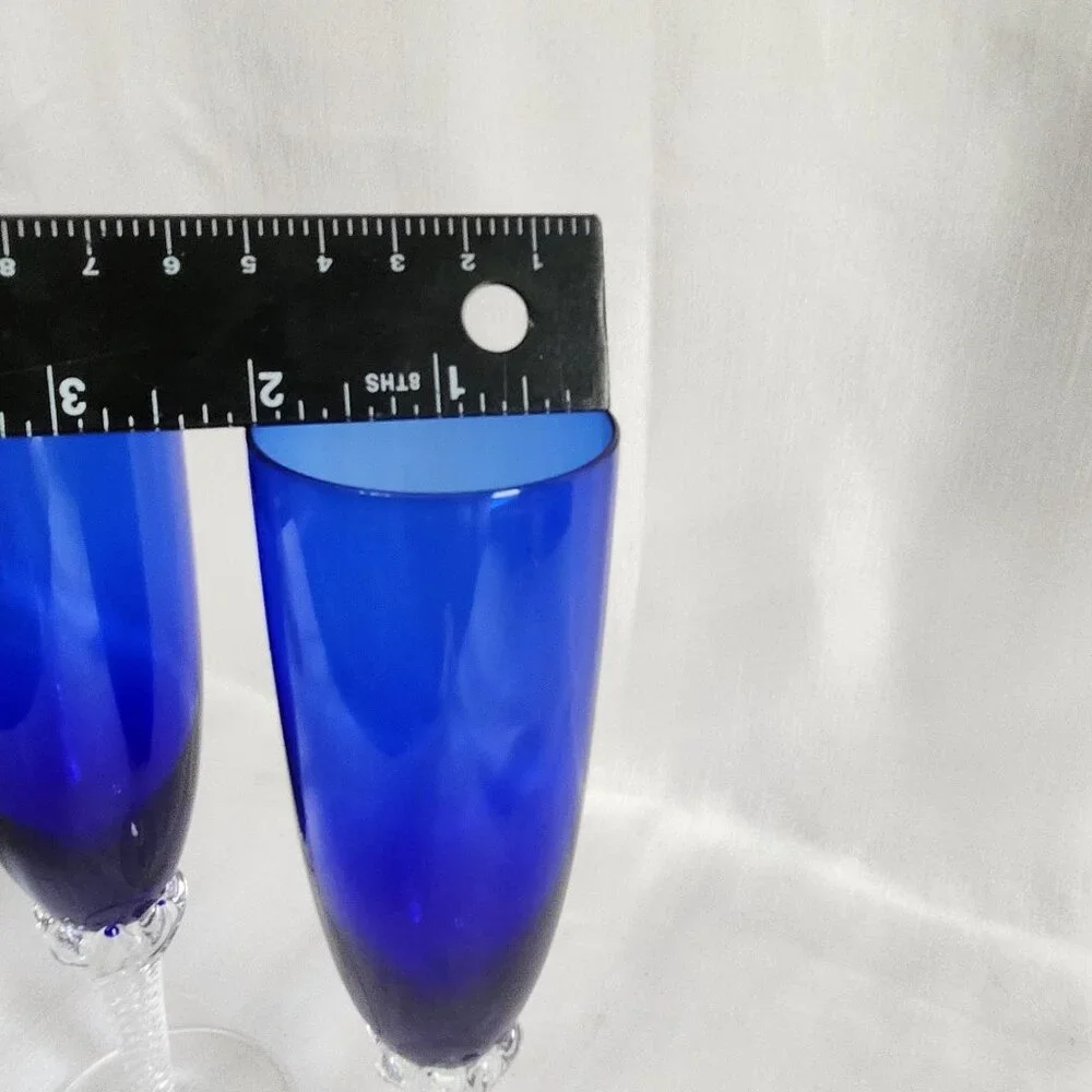 Elegant Blue Crystal Champagne Flutes With Clear Textured Stems Set Of 4 8.5
